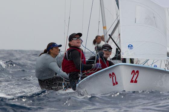 Jo Aleh and Olivia Powrie wearing the symbolic red bibs for third placed competitors during the final series. 